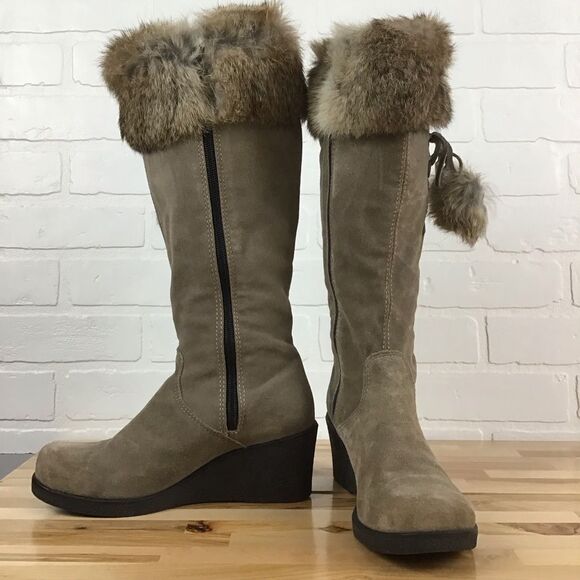 SAUTE mouton LOULOU long boots tan beige suede boots wedge platform rabbit fur - Picture 7 of 16